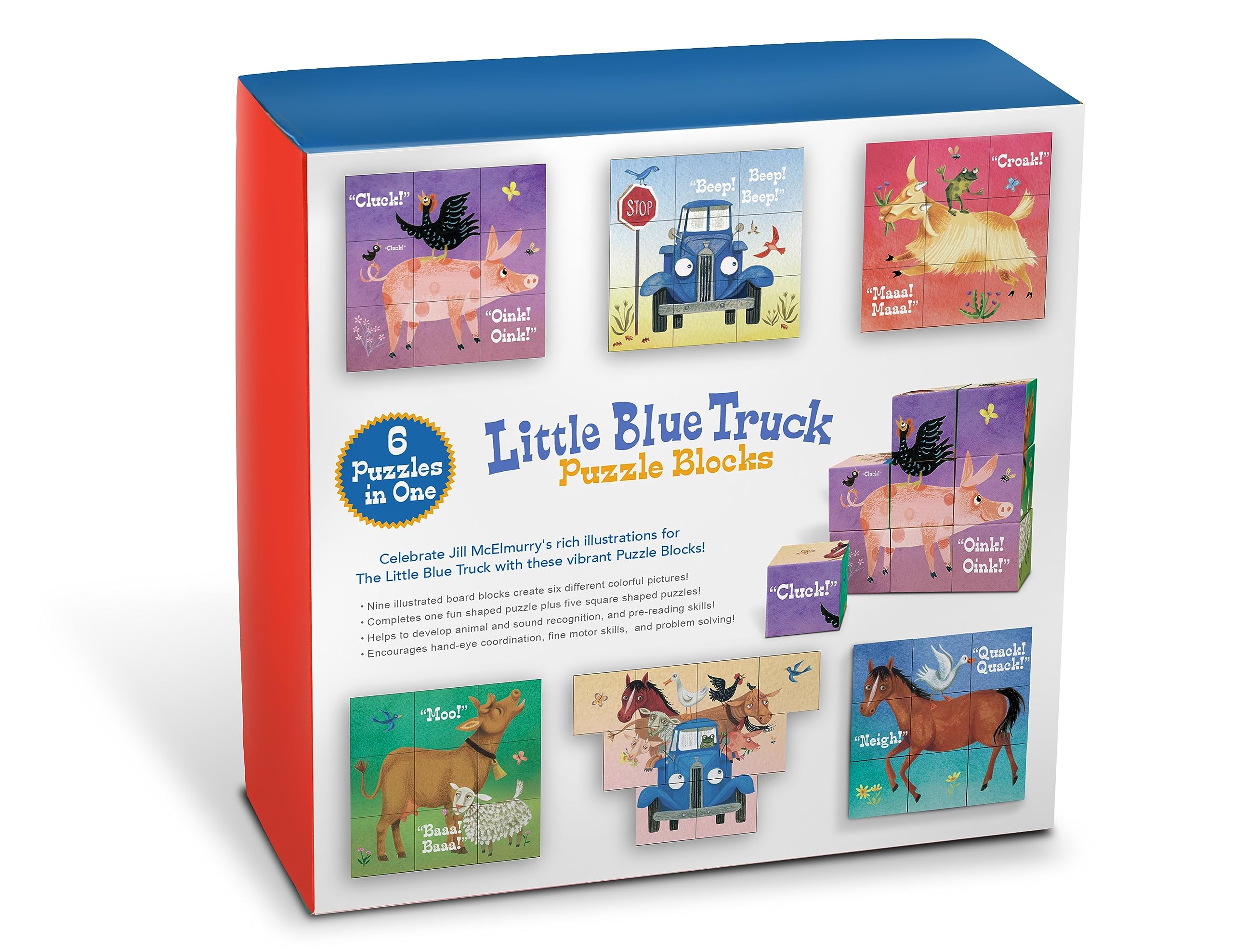 Close-up of YOTTOY Little Blue Truck blocks promoting hand-eye coordination.