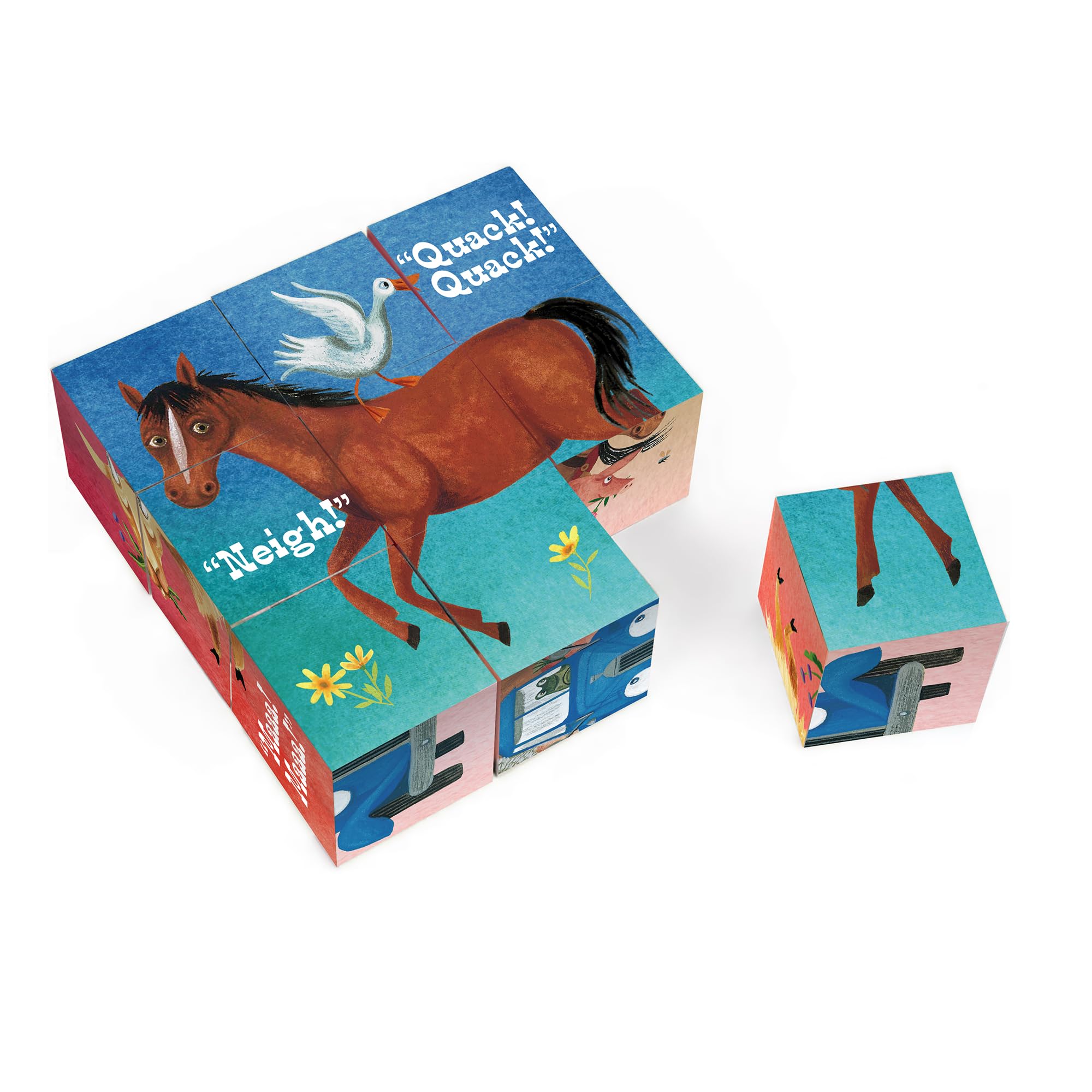 Bright illustrated scenes from Jill McElmurry's Little Blue Truck in stackable blocks.