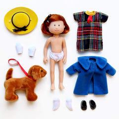 YOTTOY Madeline blue coat and plaid dress for dress-up fun.