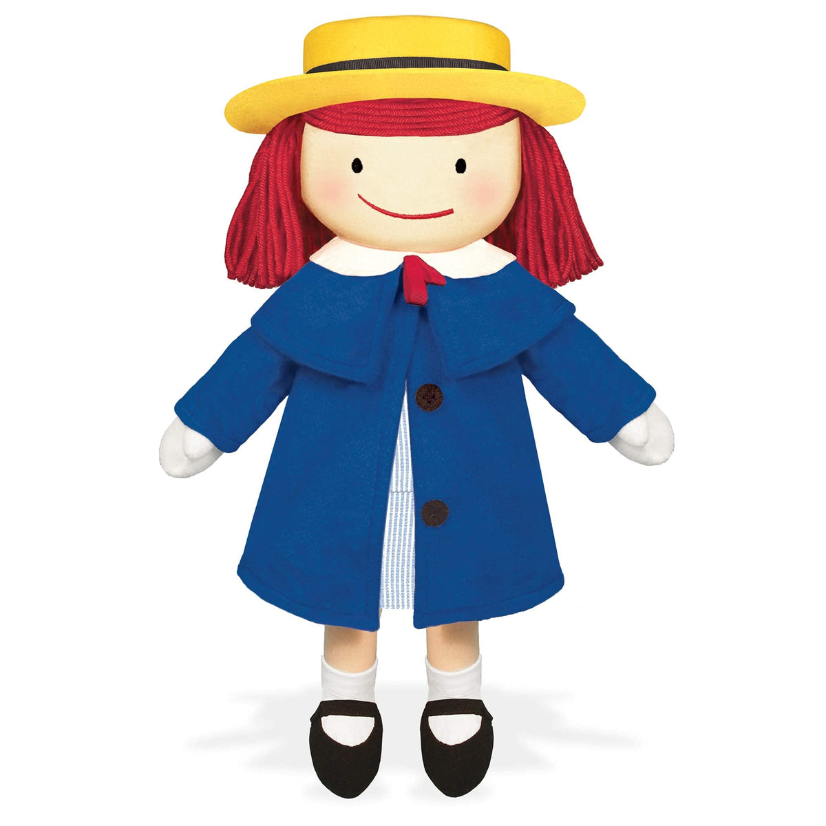 YOTTOY Madeline plush in blue coat, dress, and yellow hat for imaginative play.