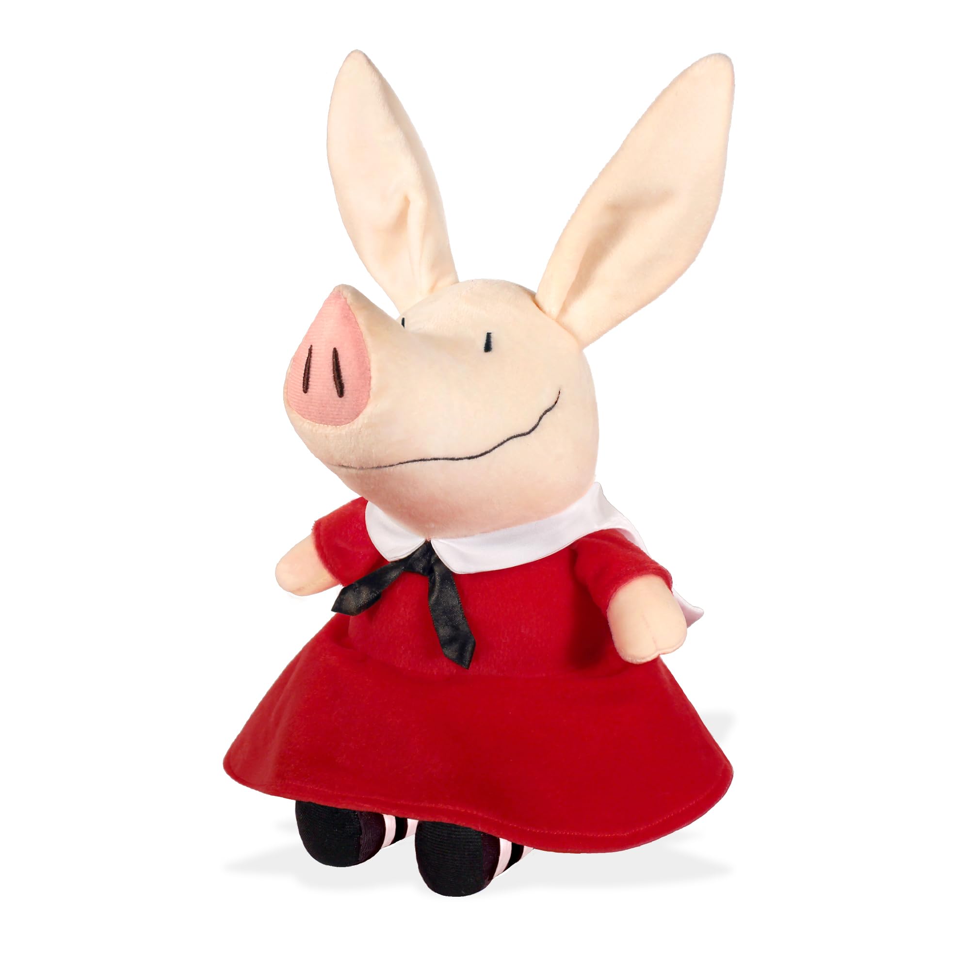 Olivia pig plush with striped tights, inspiring imaginative fashion play.