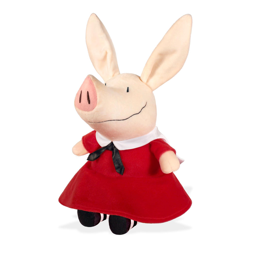 Olivia pig plush with striped tights, inspiring imaginative fashion play.
