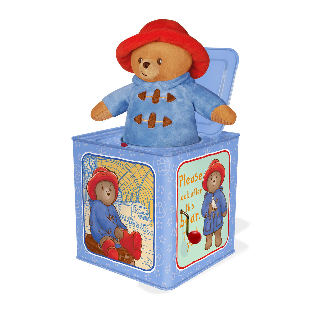 YOTTOY Paddington bear jack-in-box closed enhances early sensory curiosity.