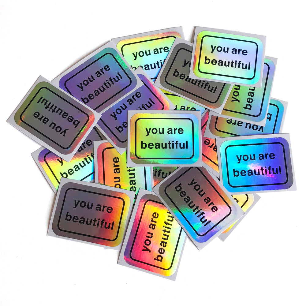 You Are Beautiful holographic sticker pack cover with iridescent shine to brighten planners.