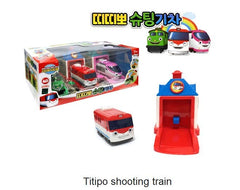 YOUNG TOYS titipo trains feature button-press action for forward motion on demand.