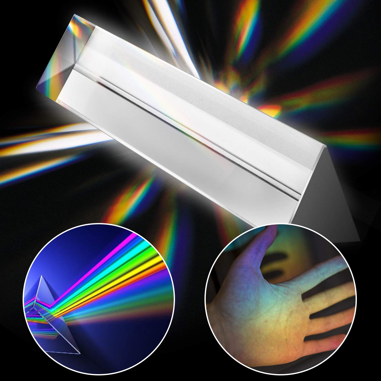 Young4us optical glass triangle aids science teaching of light spectrum.