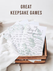 Bridal shower table setup featuring Our Love Story Game cards