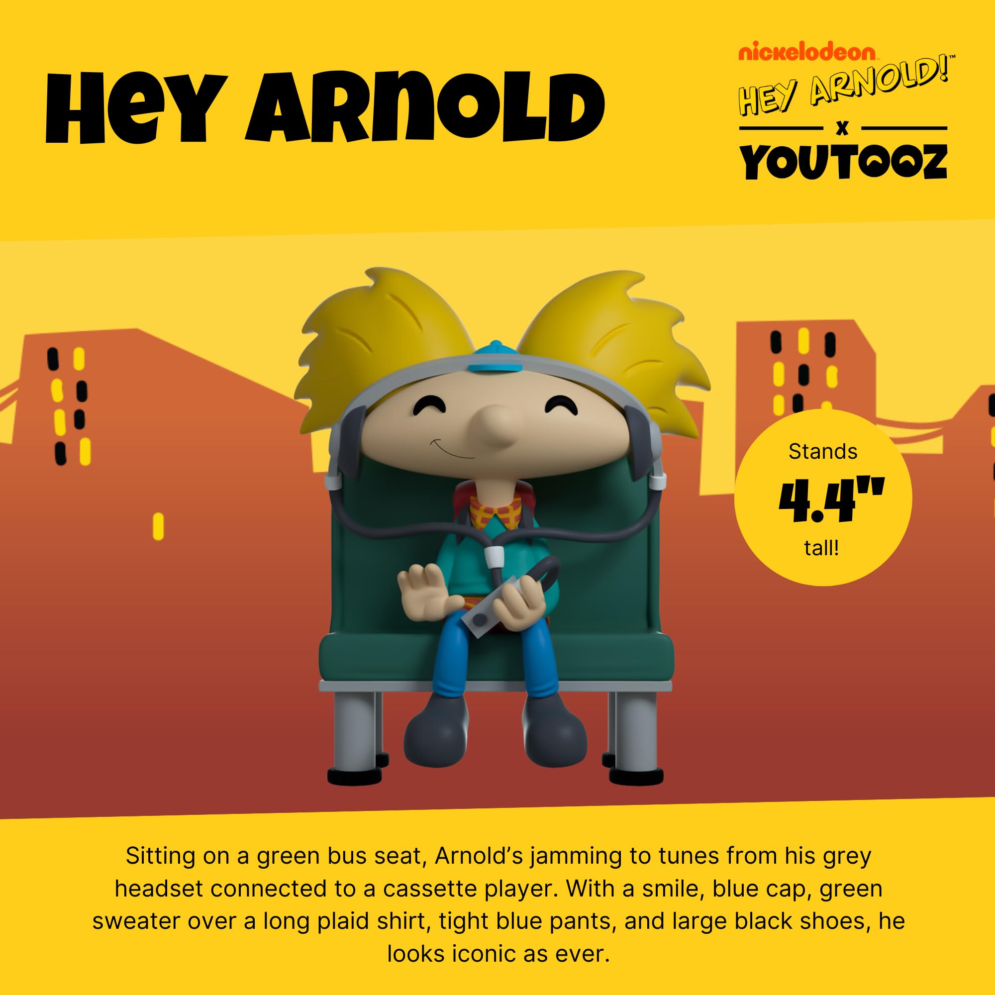 Youtooz Arnold vinyl figure with blue cap and yellow hair enhances shelf presence.