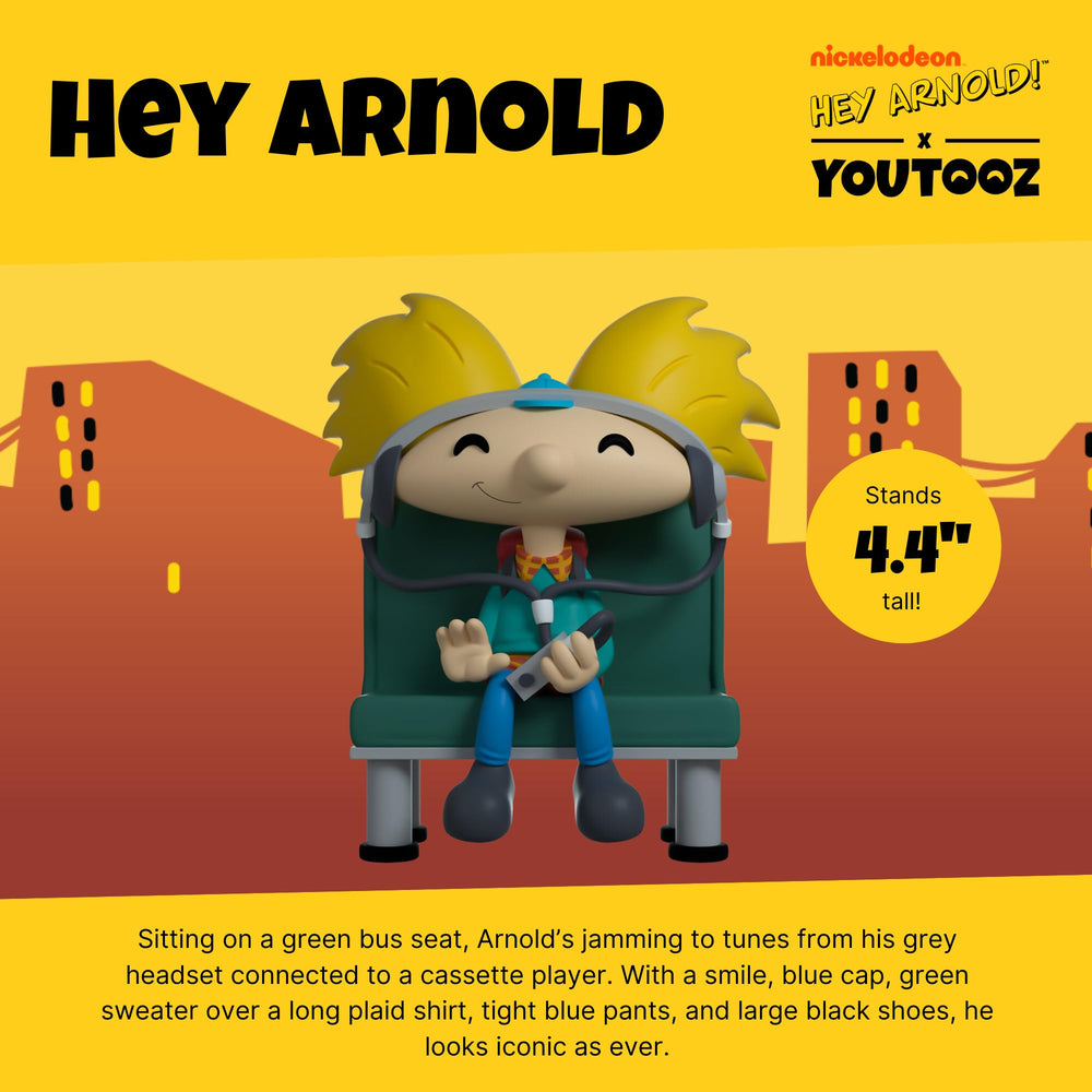 Youtooz Arnold vinyl figure with blue cap and yellow hair enhances shelf presence.