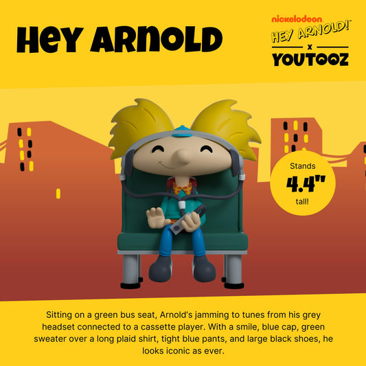 Youtooz Arnold vinyl figure with blue cap and yellow hair enhances shelf presence.