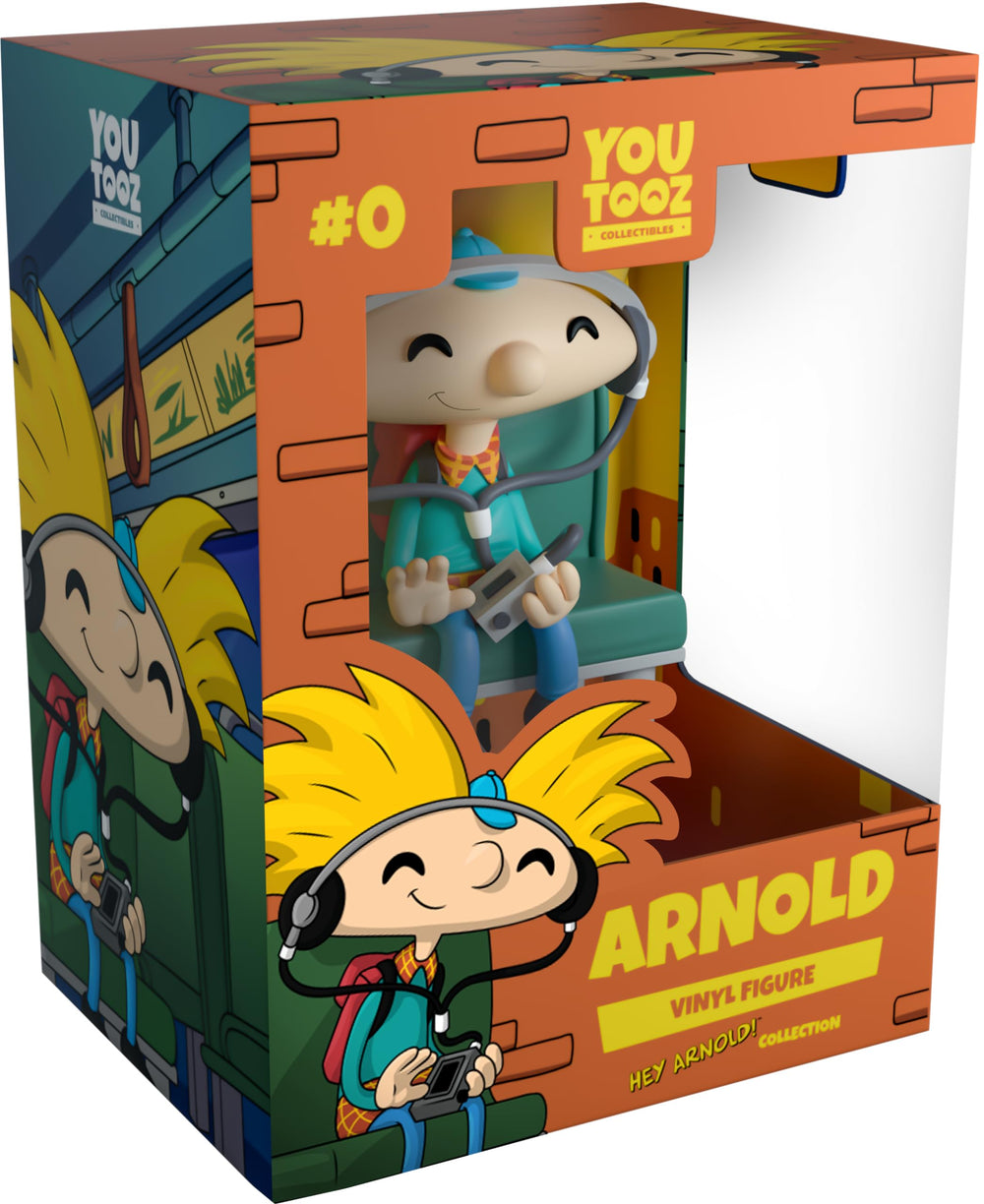 Youtooz Arnold vinyl figure on a bus seat for desk display and nostalgia.