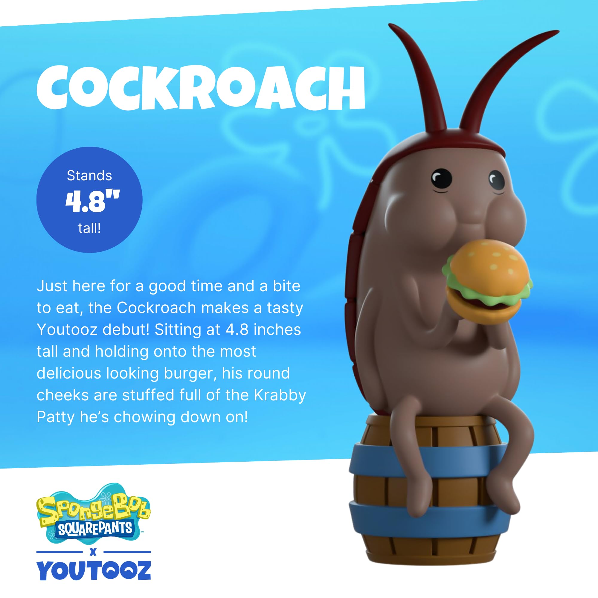 Youtooz cockroach figure holding Krabby Patty, a playful display moment.