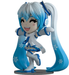 Blue packaging design with snowflakes framing Snow Miku silhouette.