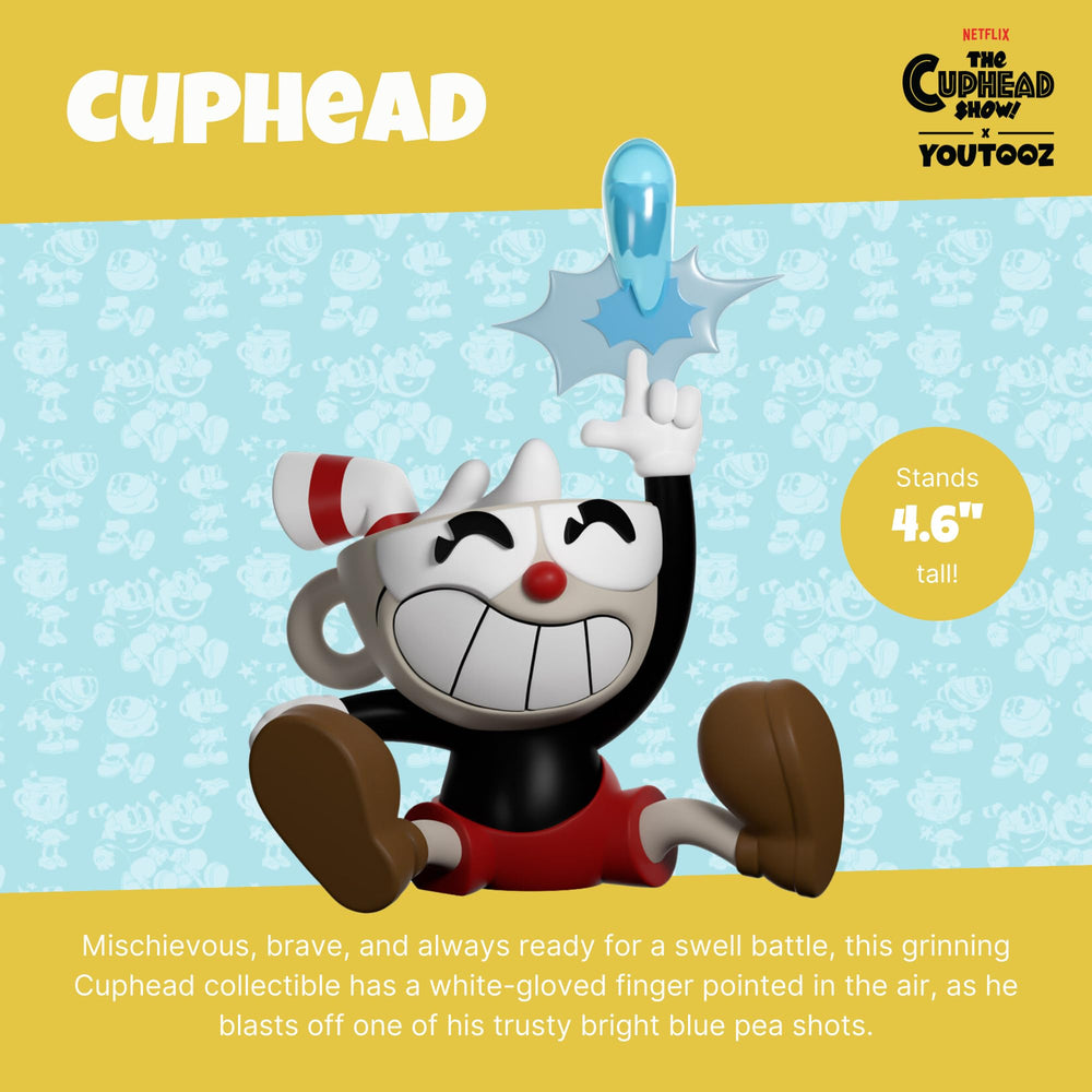 Youtooz Cuphead figure with blue attack effect for dynamic display.
