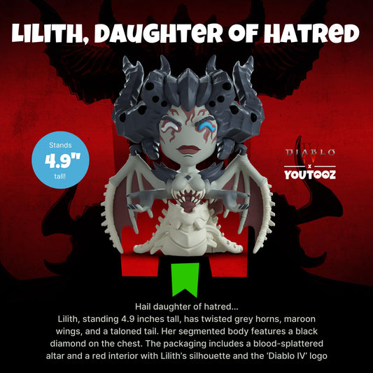 Youtooz D4 Lilith packaging with ornate altar art and red interior for display.