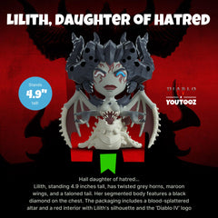 Youtooz D4 Lilith packaging with ornate altar art and red interior for display.