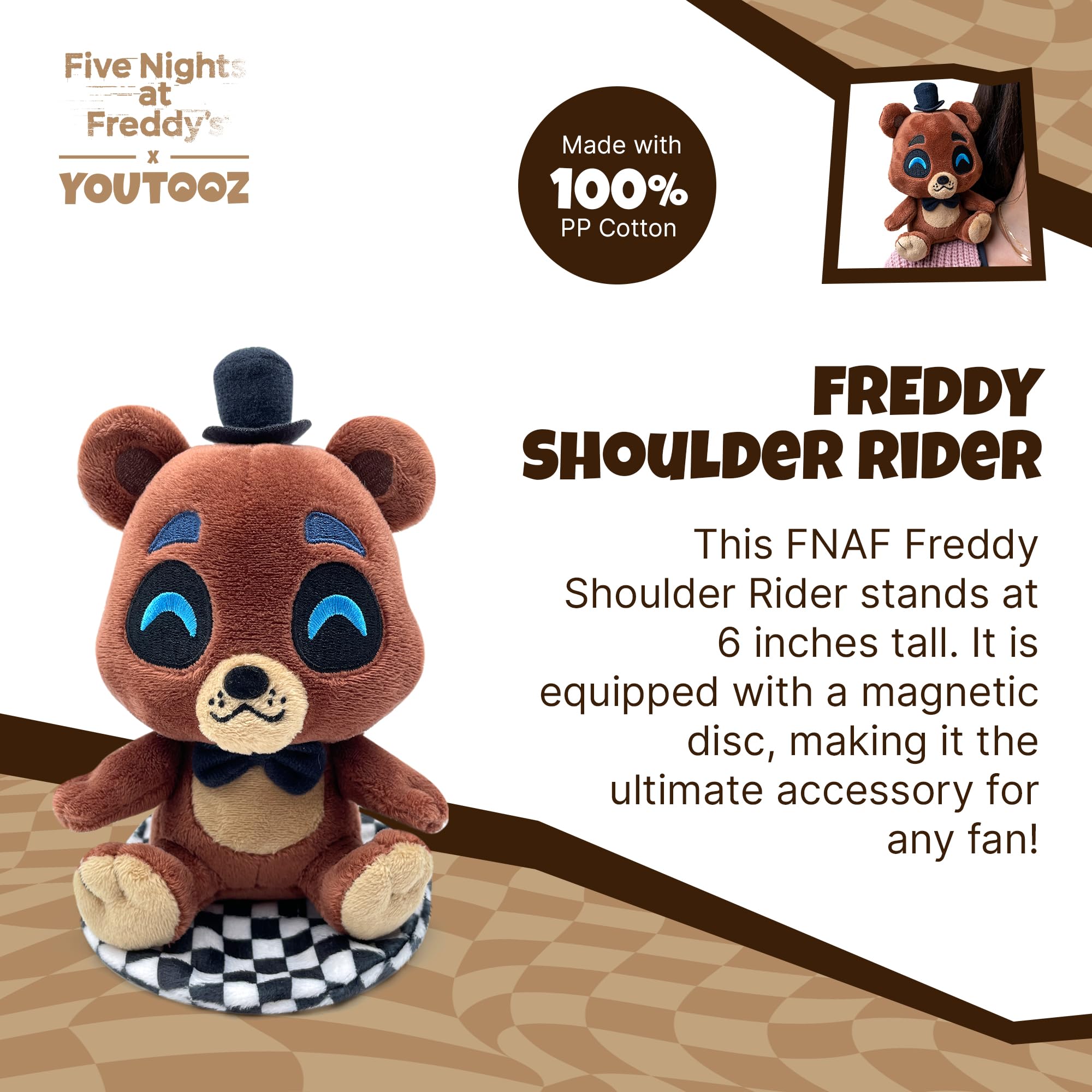Close-up of Freddy's cheerful face highlighting soft plush details and stitched smile.