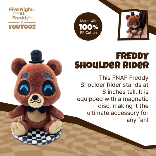 Close-up of Freddy's cheerful face highlighting soft plush details and stitched smile.