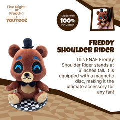 Close-up of Freddy's cheerful face highlighting soft plush details and stitched smile.