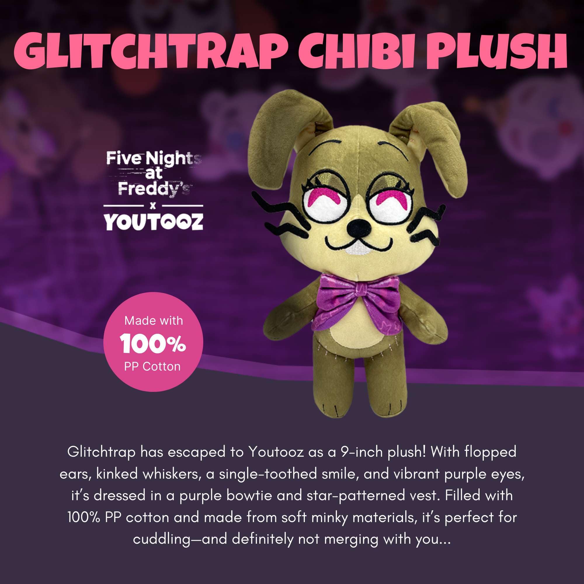 Youtooz Glitchtrap Chibi 9-inch plush side view, perfect shelf companion.