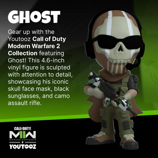 Youtooz Ghost with sunglasses and skull mask stands out on shelf.