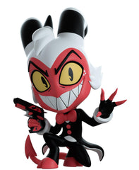 Youtooz Moxxie figure crouching pose highlights pistol detail for collectors.