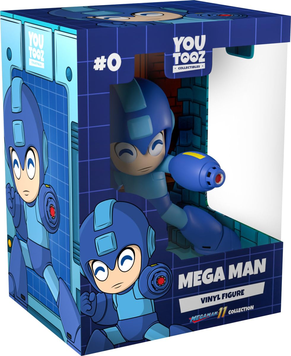 Youtooz Mega Man vinyl figure shows detailed blue tones for a striking shelf display.