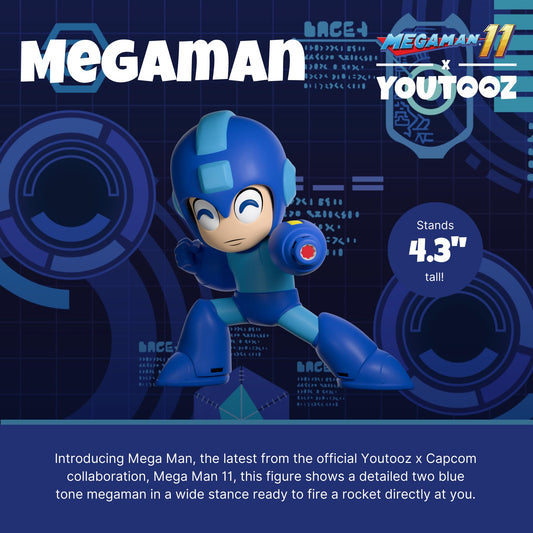Youtooz Mega Man figure in a wide stance, ready to fire, for dynamic poses.