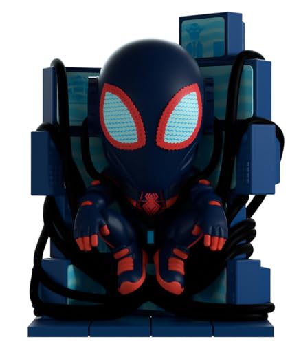 Youtooz Miles Morales #13 vinyl with blue glow screens for shelf display