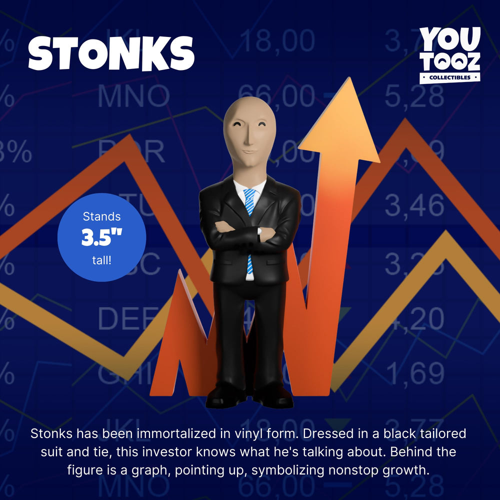 Youtooz Stonks figure side view showcasing the suit and vibe for display.