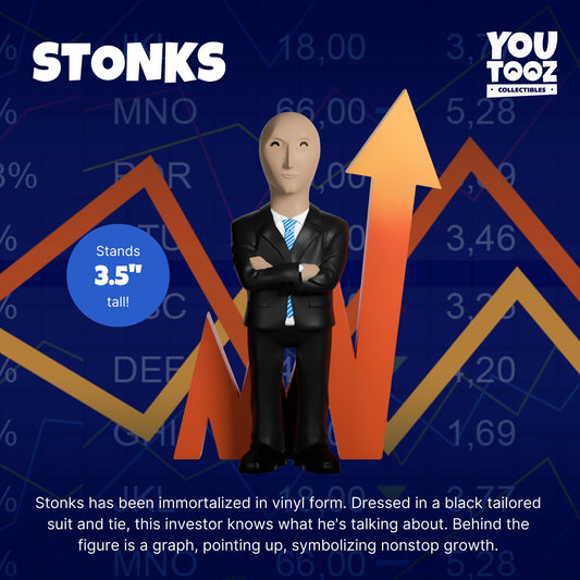 Youtooz Stonks figure side view showcasing the suit and vibe for display.