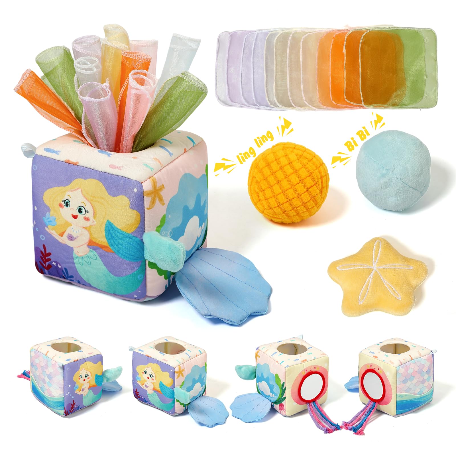 Youuys Mermaid tissue box toy cover promoting visual curiosity and tactile exploration for babies.