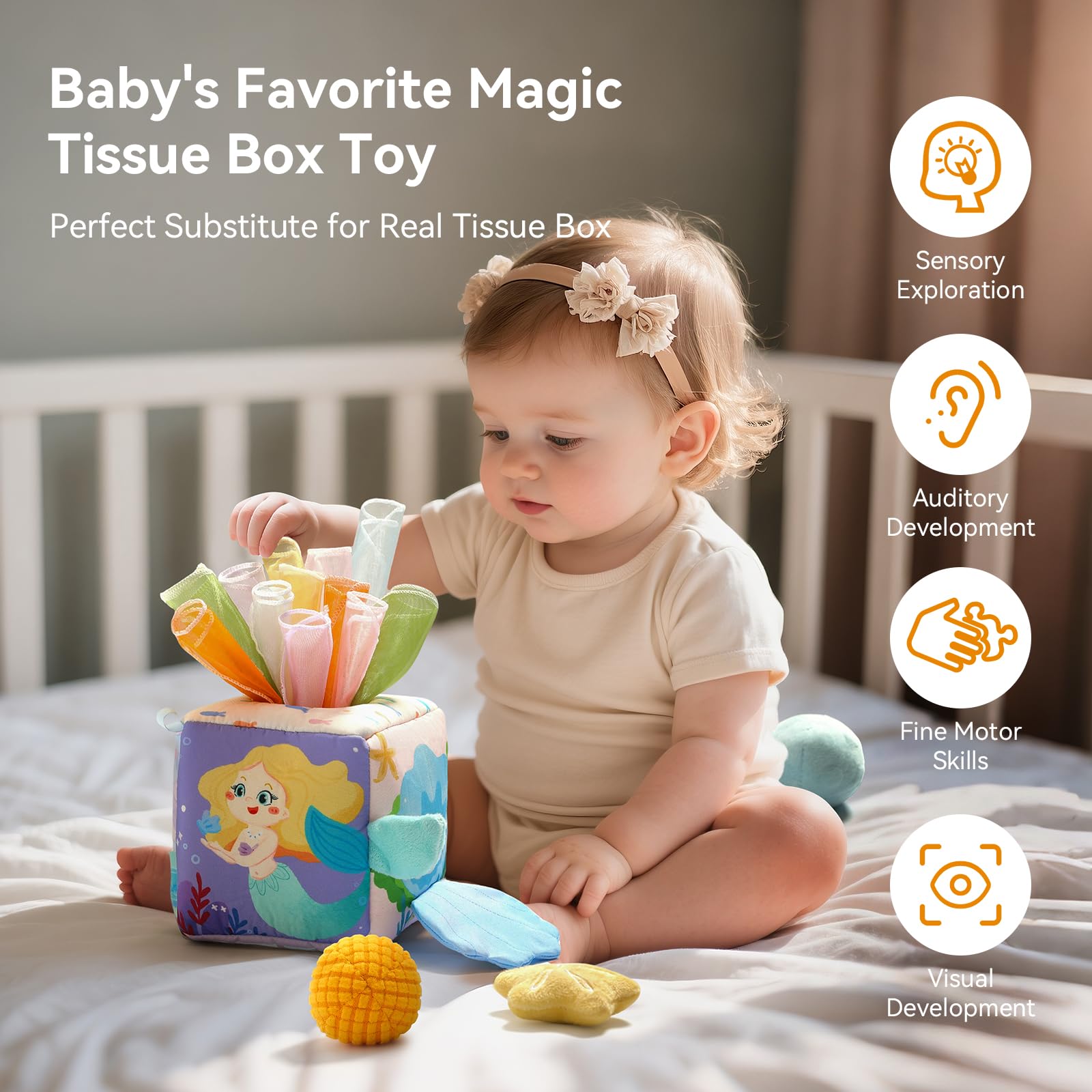 Youuys Mermaid tissue box toy textured balls offer varied textures for grasp and exploration.