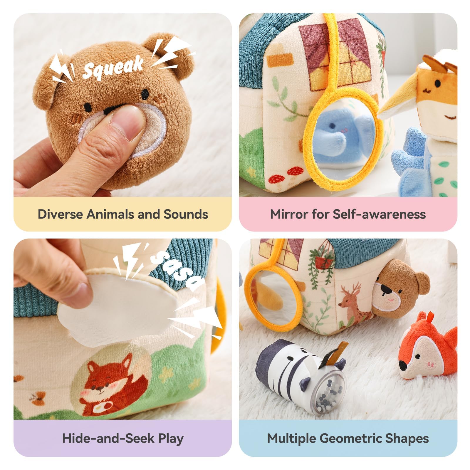 Youuys travel sensory toy includes a gentle rattle and jingle sounds.