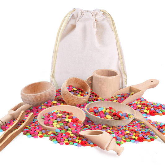 Yowlieu wooden sensory bin tools set for hands-on Montessori play and fine motor practice.