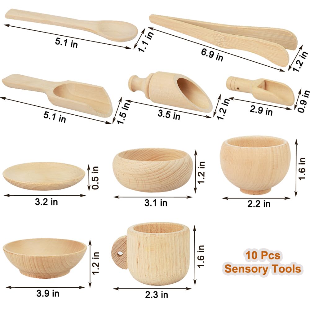 Yowlieu wooden scoops and tongs designed for precise pouring and transferring play.