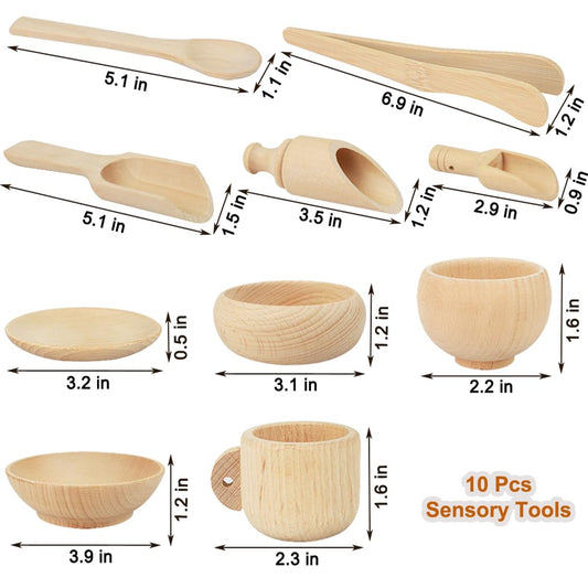Yowlieu wooden scoops and tongs designed for precise pouring and transferring play.