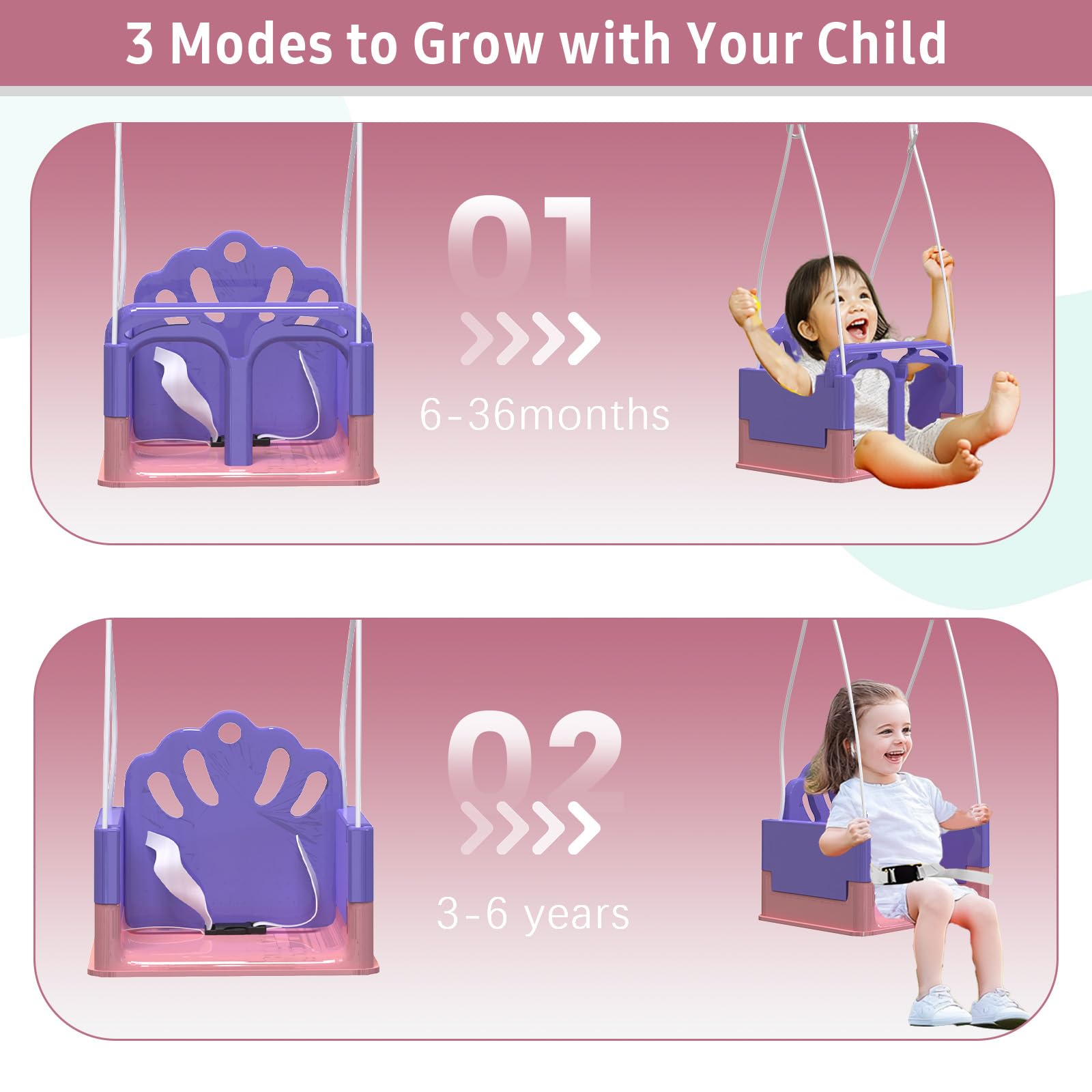 Yozoia toddler swing with adjustable seat settings for growing children.