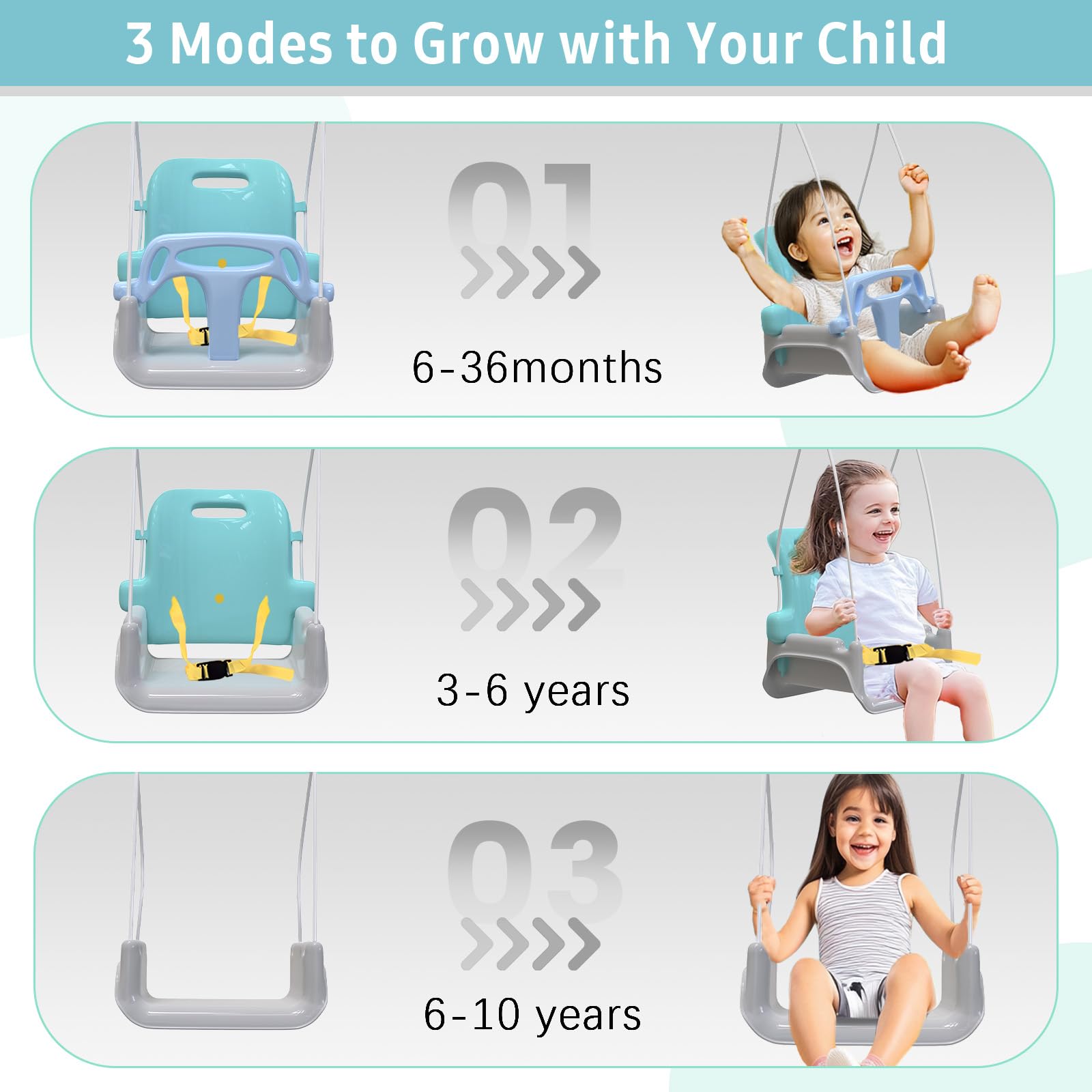 Yozoia toddler swing detachable modes showcase versatile three-way seating options.