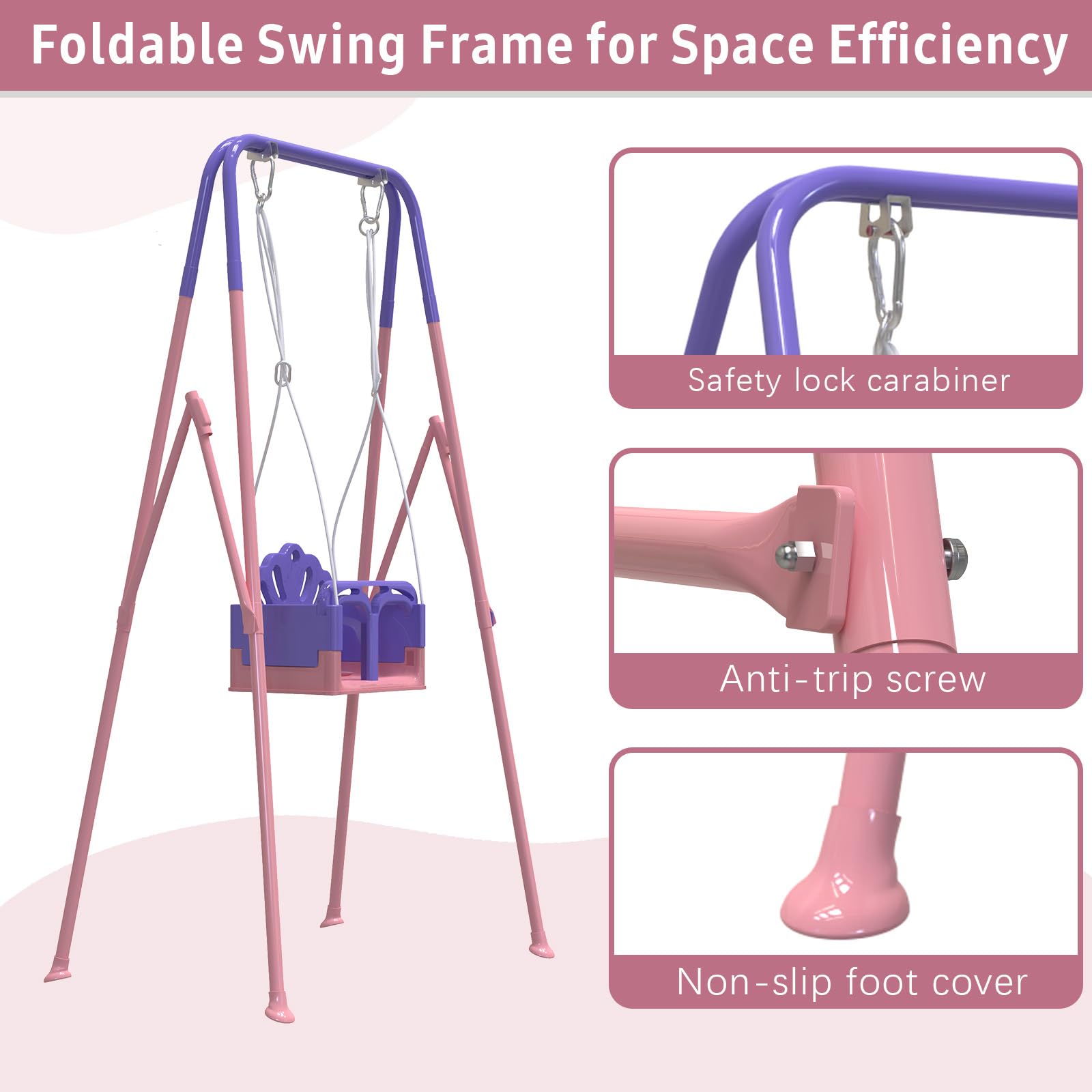 Yozoia pink toddler swing highlights comfortable seat and safety features.