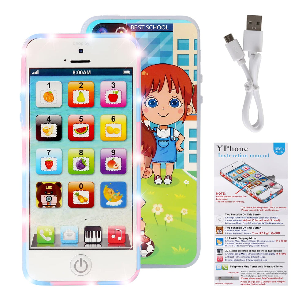 YPhone Cooplay Baby IQ Phone Toy charges via Micro USB for easy power