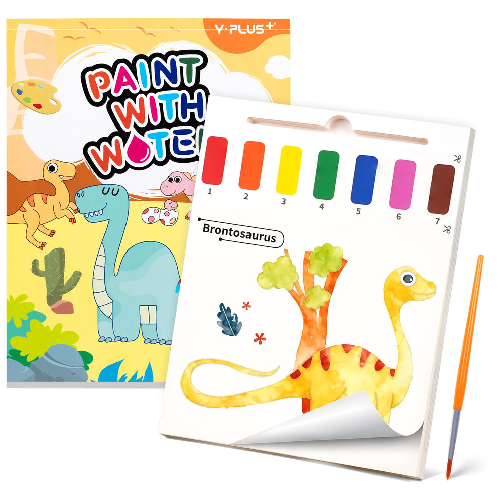 YPLUS Paint with Water Book showing dinosaur pattern pages for color recognition during play.
