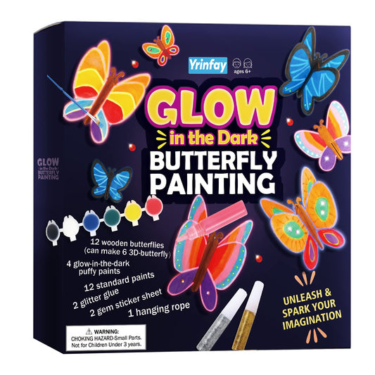 Yrinfay glow-in-the-dark butterfly painting kit packaging showcases a complete art set to spark kids' creativity