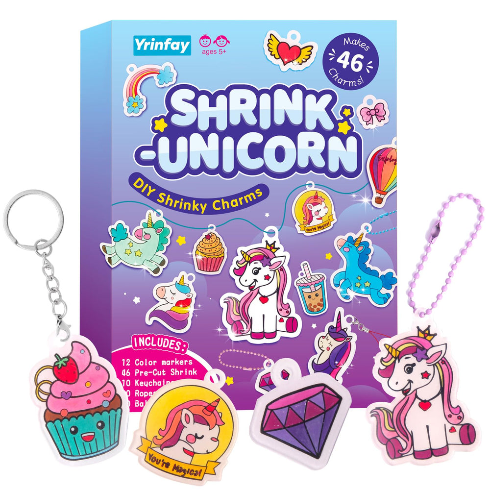 Yrinfay unicorn shrinking plastic charms, ideal for backpacks and keychains.