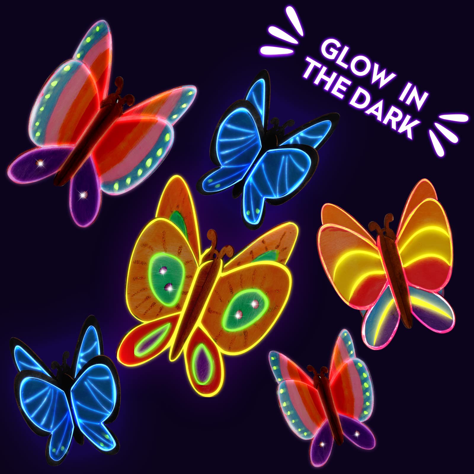 Yrinfay 12 wooden butterflies image emphasizes six finished 3D shapes for imaginative decorating