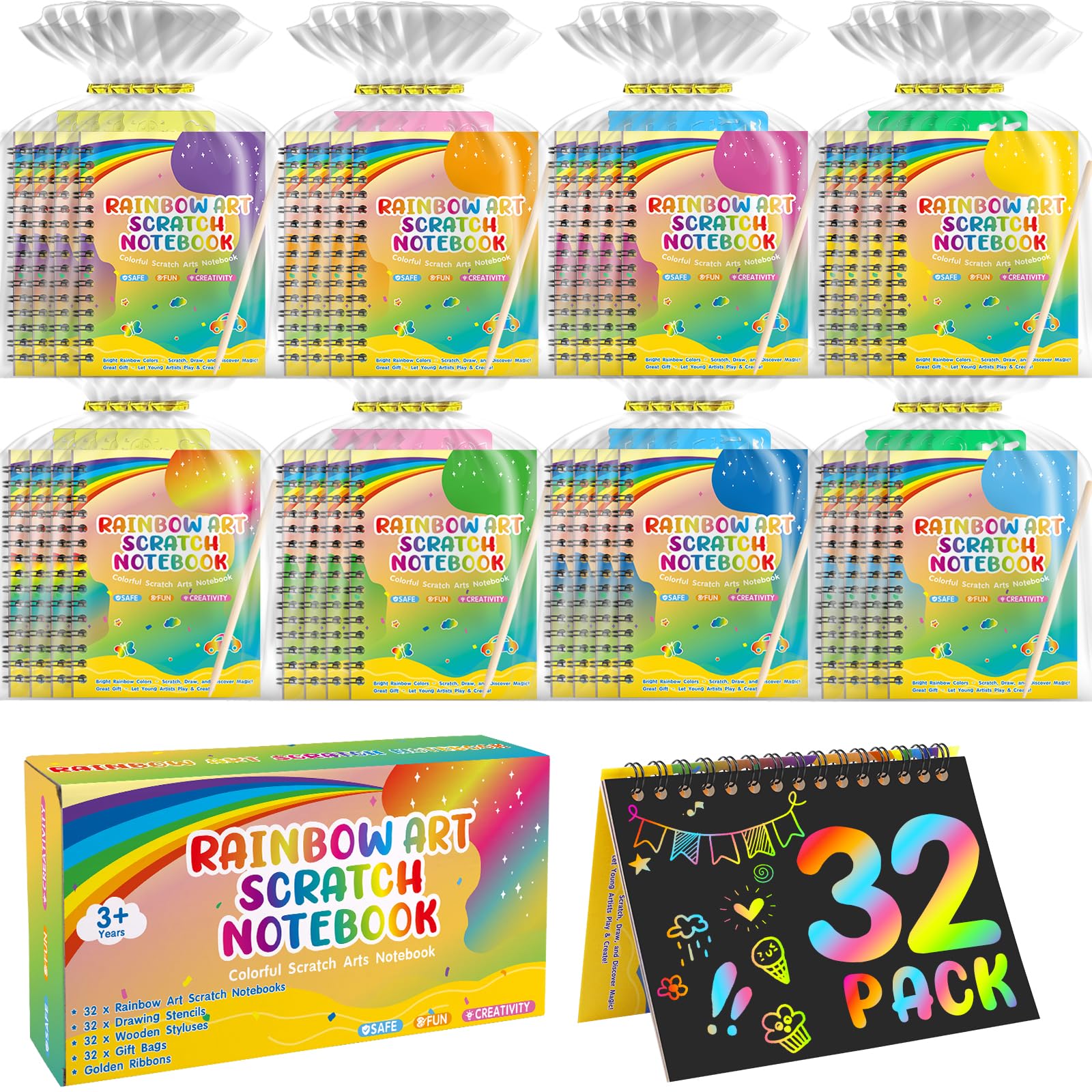 YSCare scratch notebook reveals vibrant rainbow colors for kids' art projects.