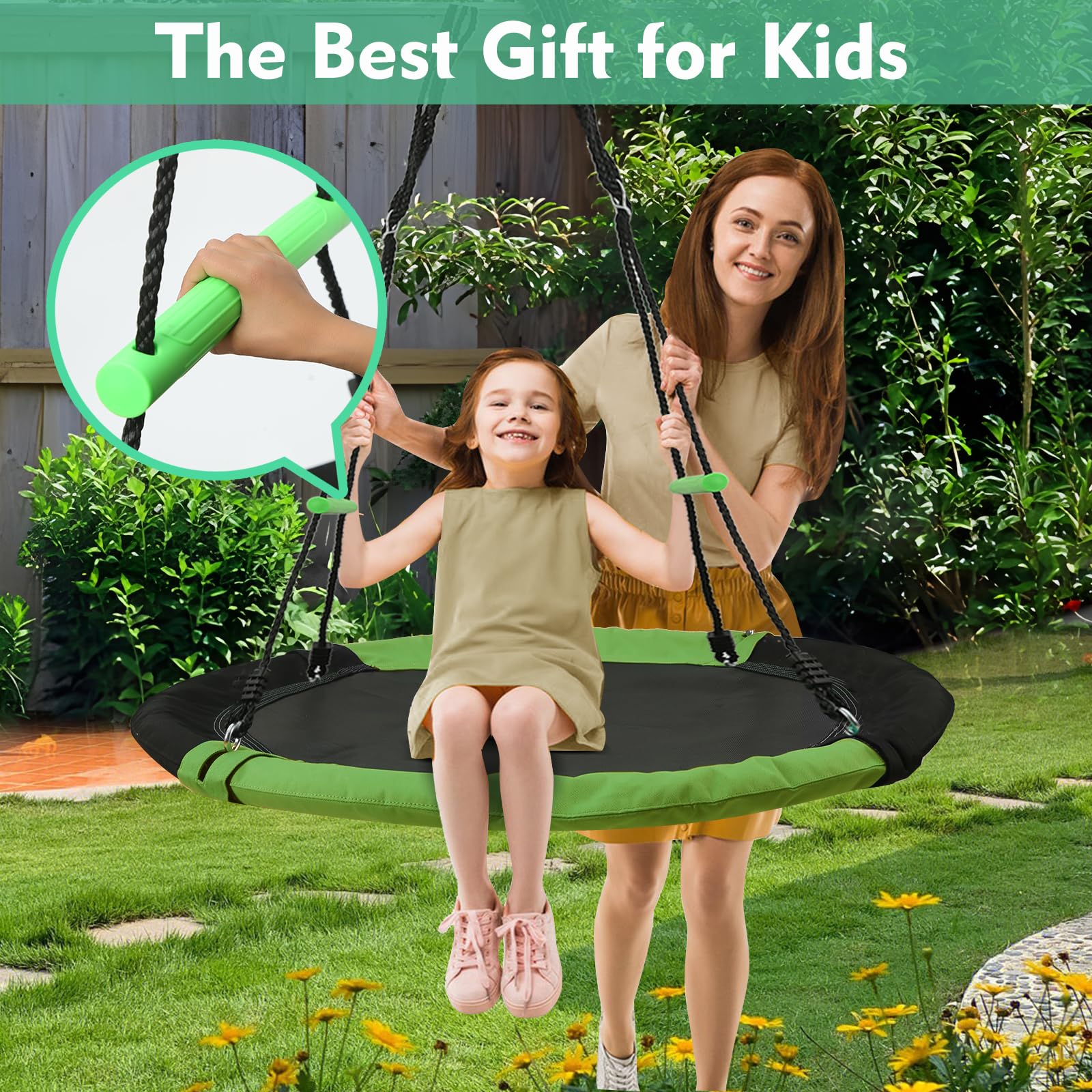 YSEJOMP saucer swing with PP mat for comfortable outdoor seating.