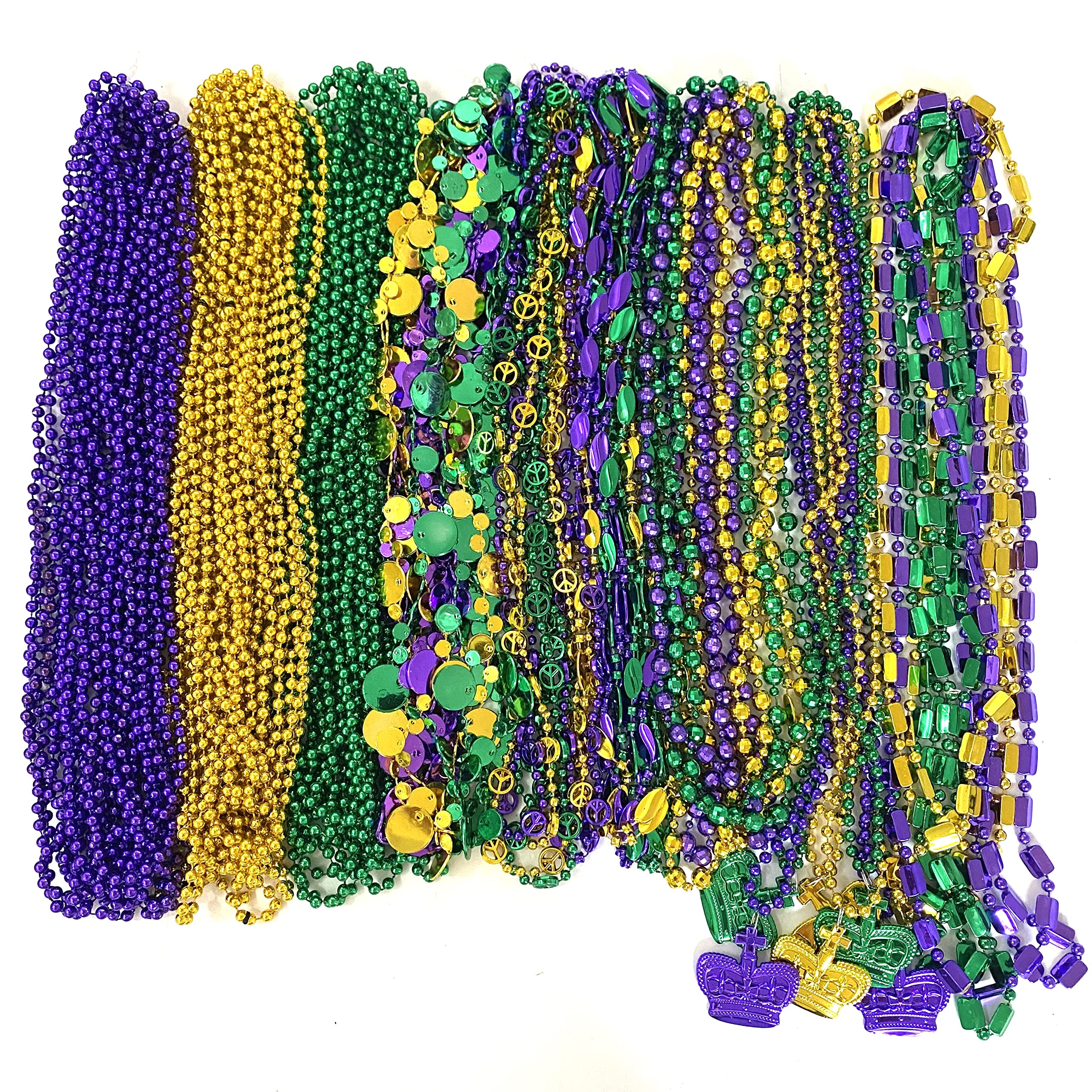 YSPPF Mardi Gras beads in gold, purple, and green for festive wear and party photos.