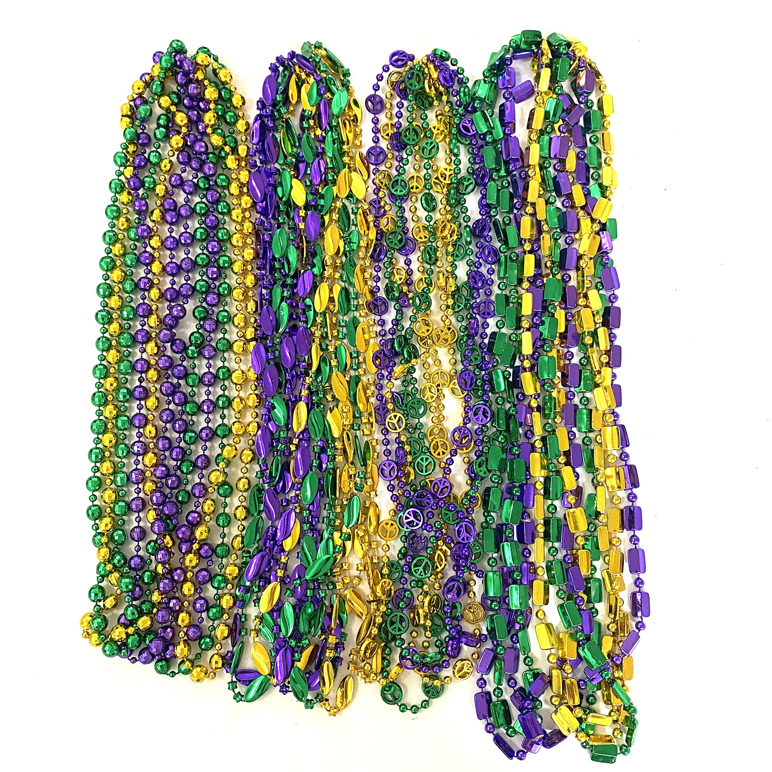 YSPPF beaded necklaces showcase vibrant gold-purple-green tones for parade styling.