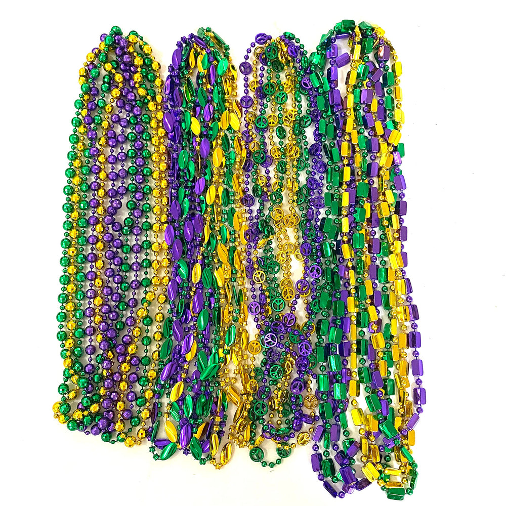 YSPPF beaded necklaces showcase vibrant gold-purple-green tones for parade styling.